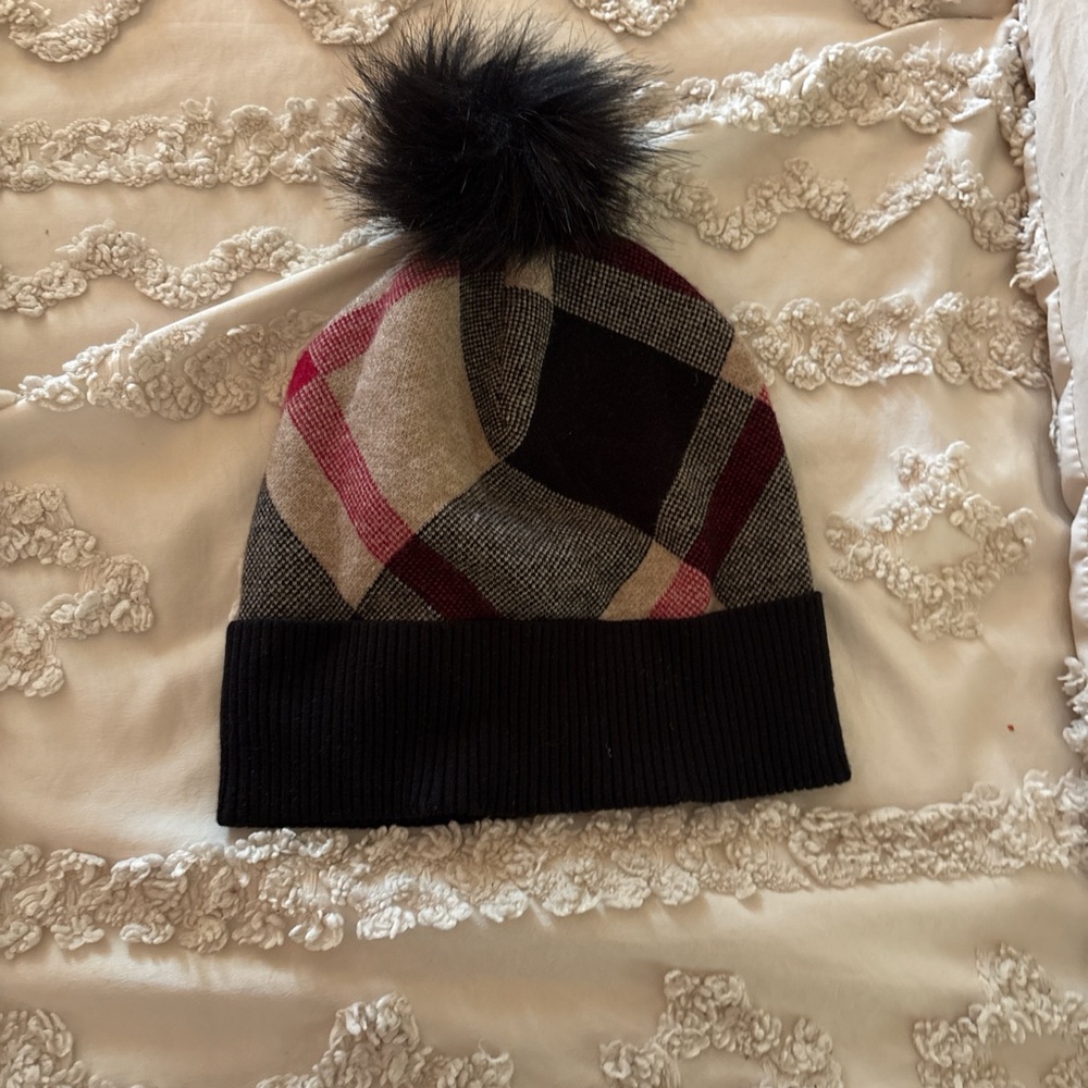 Rachel Zoe Plaid Pom-Pom Knit Beanie in Black, Gray & Burgundy